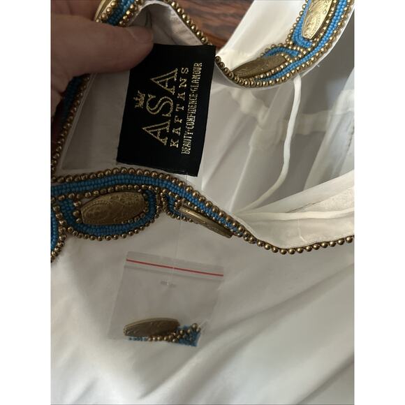 Asa Kaftans White Halter Dress Gold Turquoise Beading Size L / XL High Low - Picture 6 of 10